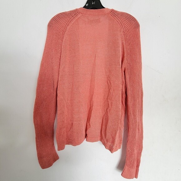 LOFT Linen Open Knit Coral Peach Open Front Long Sleeve Cardigan Sweater Large - Picture 3 of 12